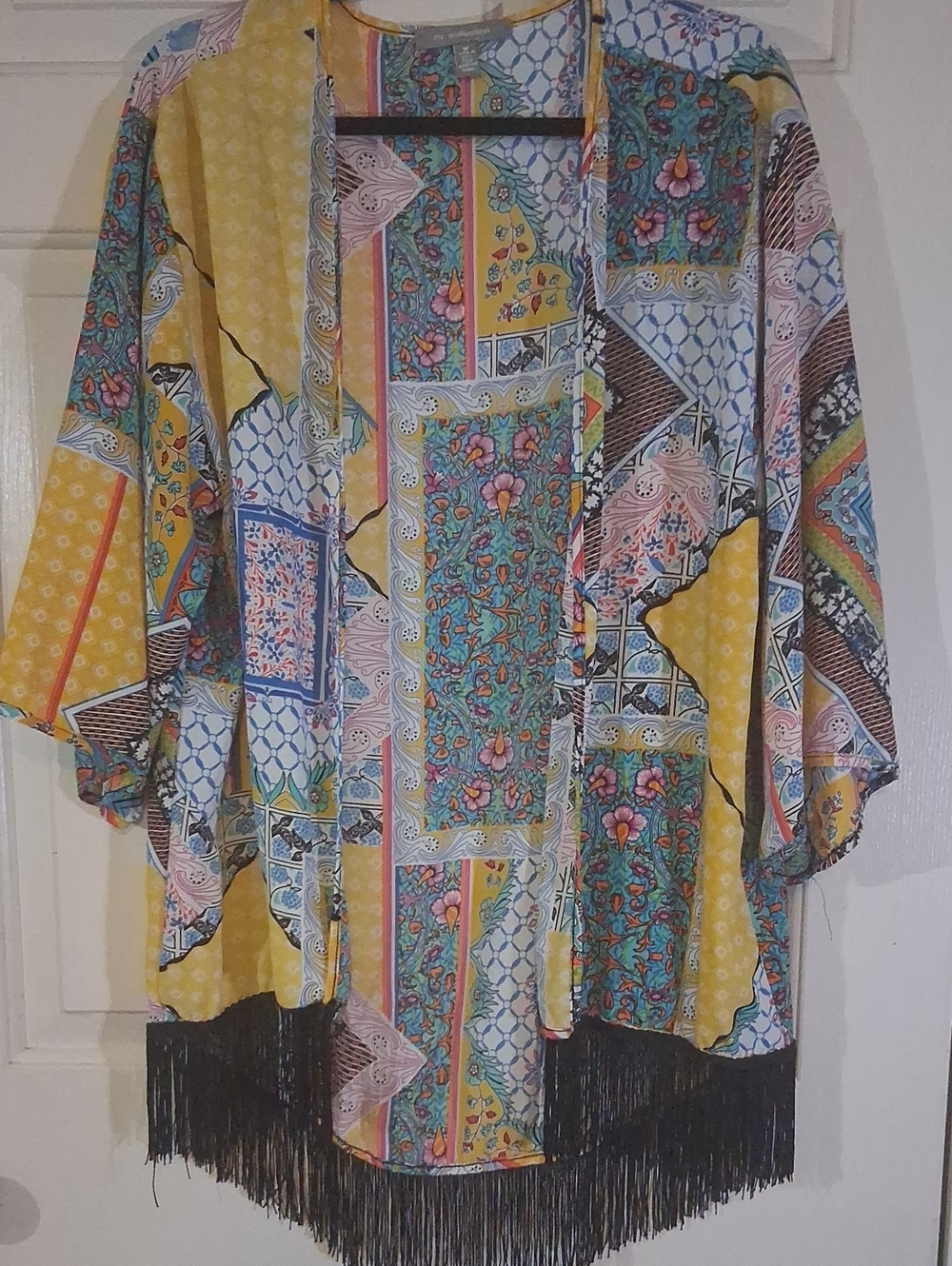 NY Collection Multi-Color Patchwork Fringe Kimono